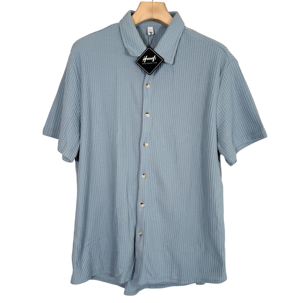 Hoooyi‎ Mens Waffle Knit Button Up Shirt XL Light Blue Textured Short Sleeve